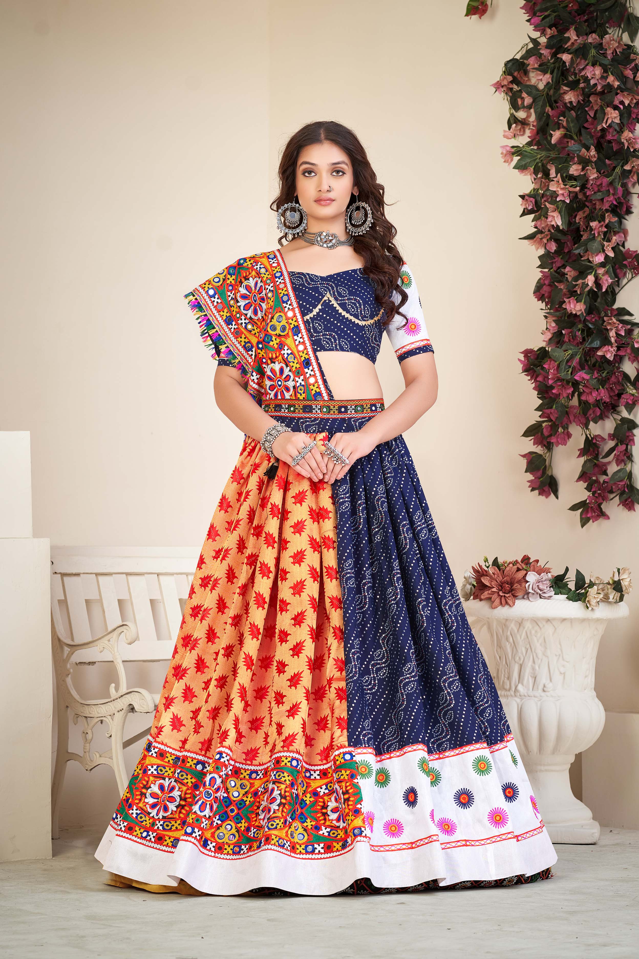 Navy Blue Georgette Printed Flared Style Lehenga