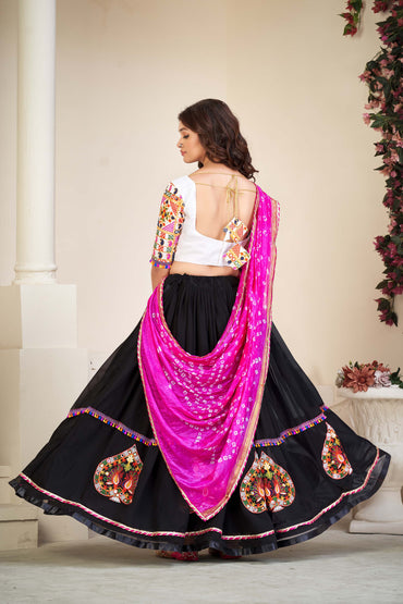 Black Patch Work Thread Embrodeiry Mirror work Navratri Special Lehenga Choli With Pink Bandhani Silk Duptta