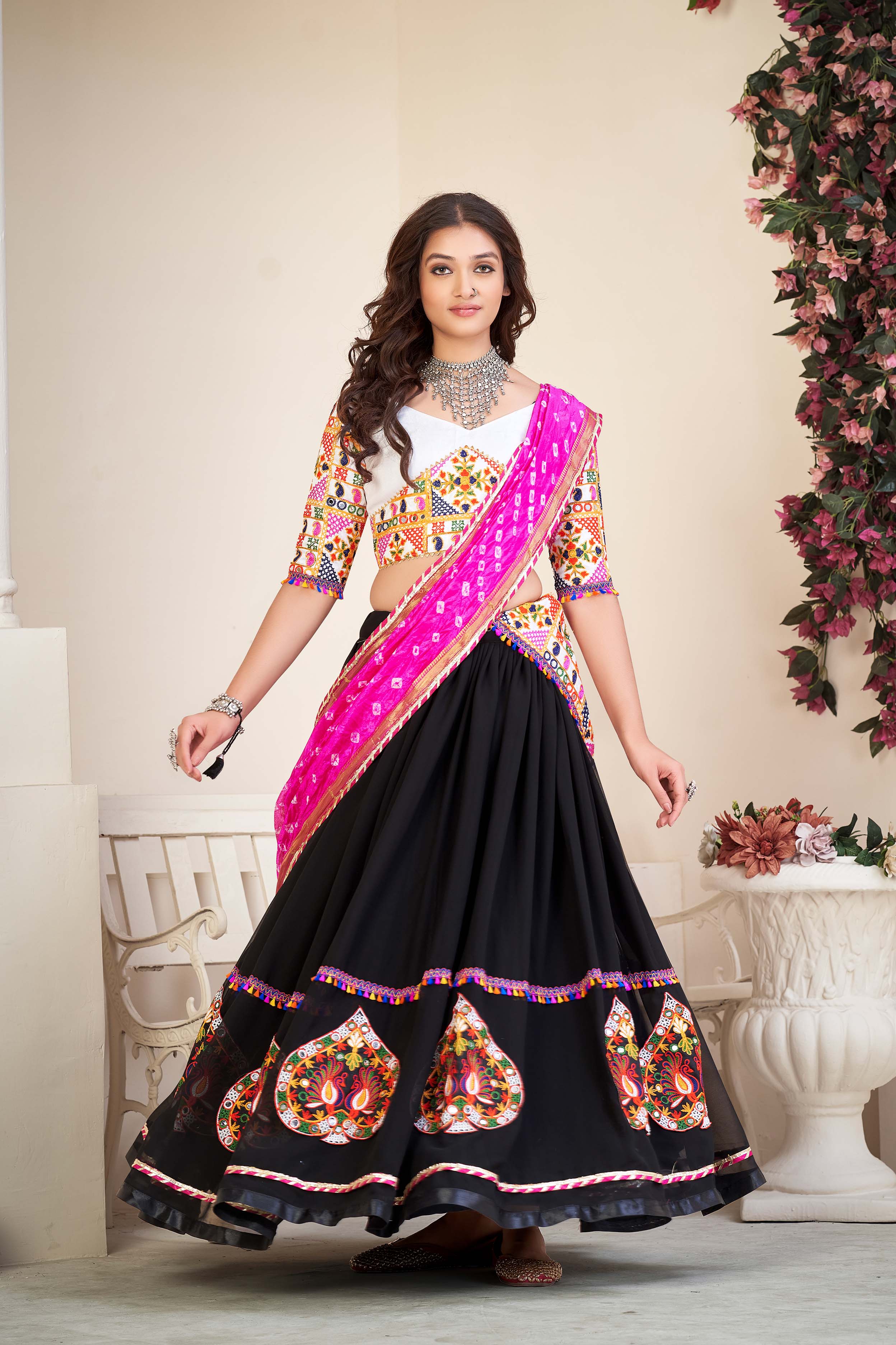 Black Patch Work Thread Embrodeiry Mirror work Navratri Special Lehenga Choli With Pink Bandhani Silk Duptta