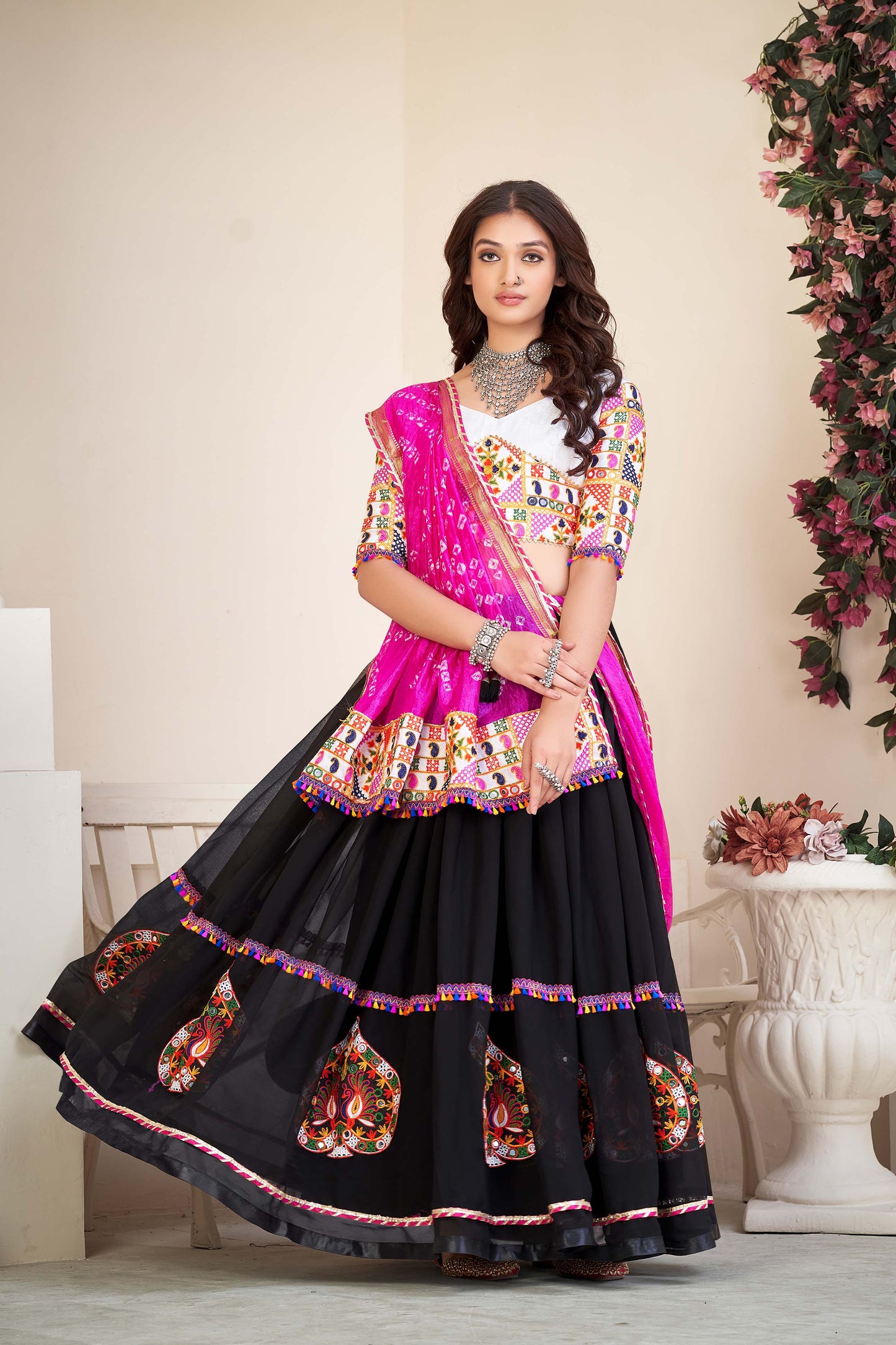 Black Patch Work Thread Embrodeiry Mirror work Navratri Special Lehenga Choli With Pink Bandhani Silk Duptta