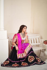 Black Patch Work Thread Embrodeiry Mirror work Navratri Special Lehenga Choli With Pink Bandhani Silk Duptta