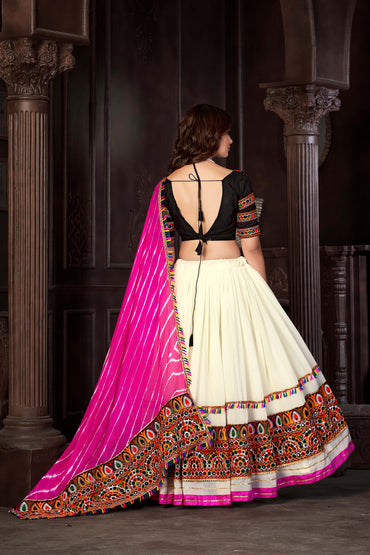 White Pink Georgette Multi Thread Work Navratri Lehenga Choli With Pink Lehenriya Duptta Set