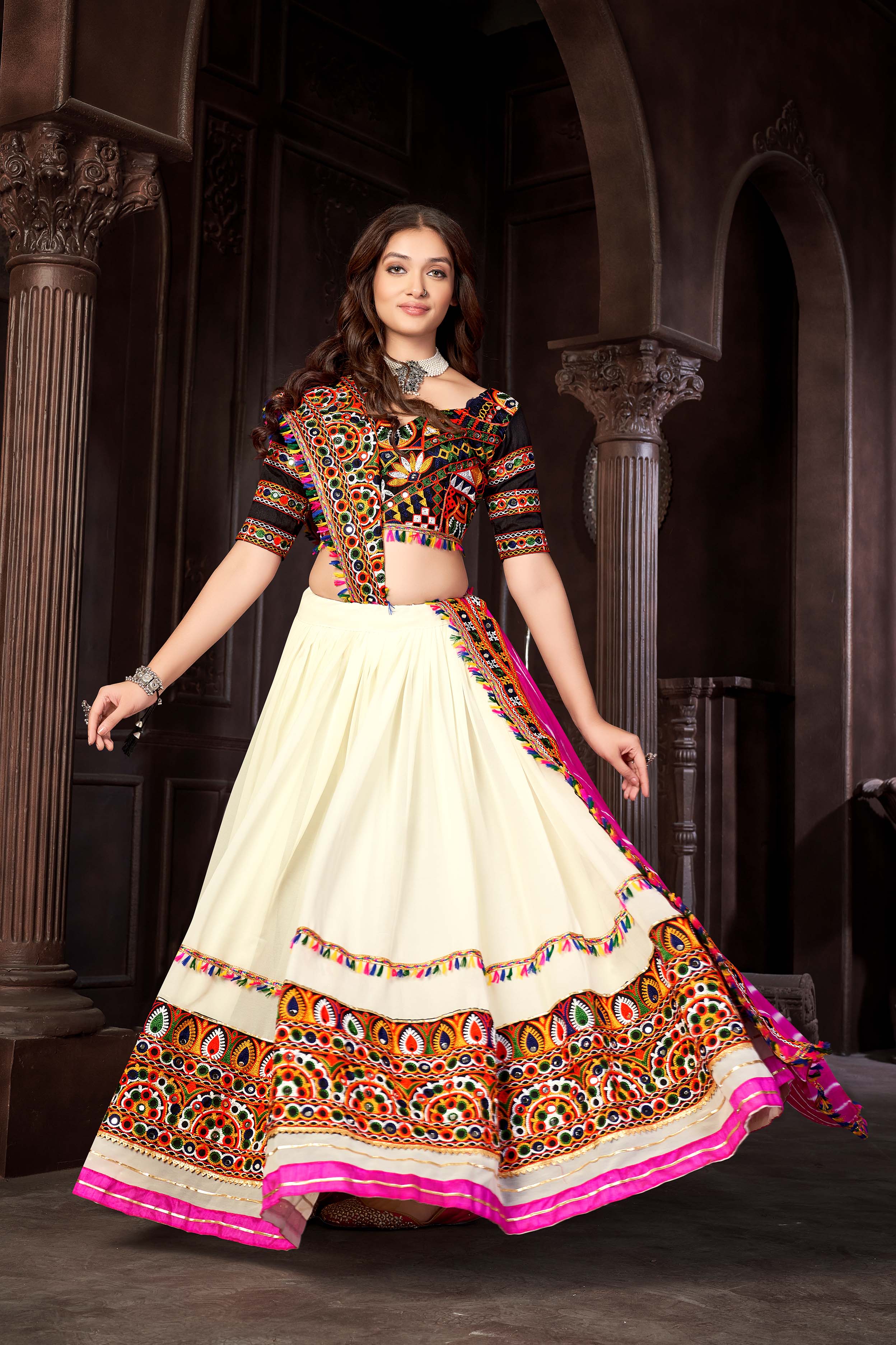 White Pink Georgette Multi Thread Work Navratri Lehenga Choli With Pink Lehenriya Duptta Set