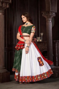 Navratri Special Green and white Mirror Bandhani lehenga choli with Red Duptta set.