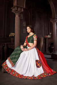 Navratri Special Green and white Mirror Bandhani lehenga choli with Red Duptta set.