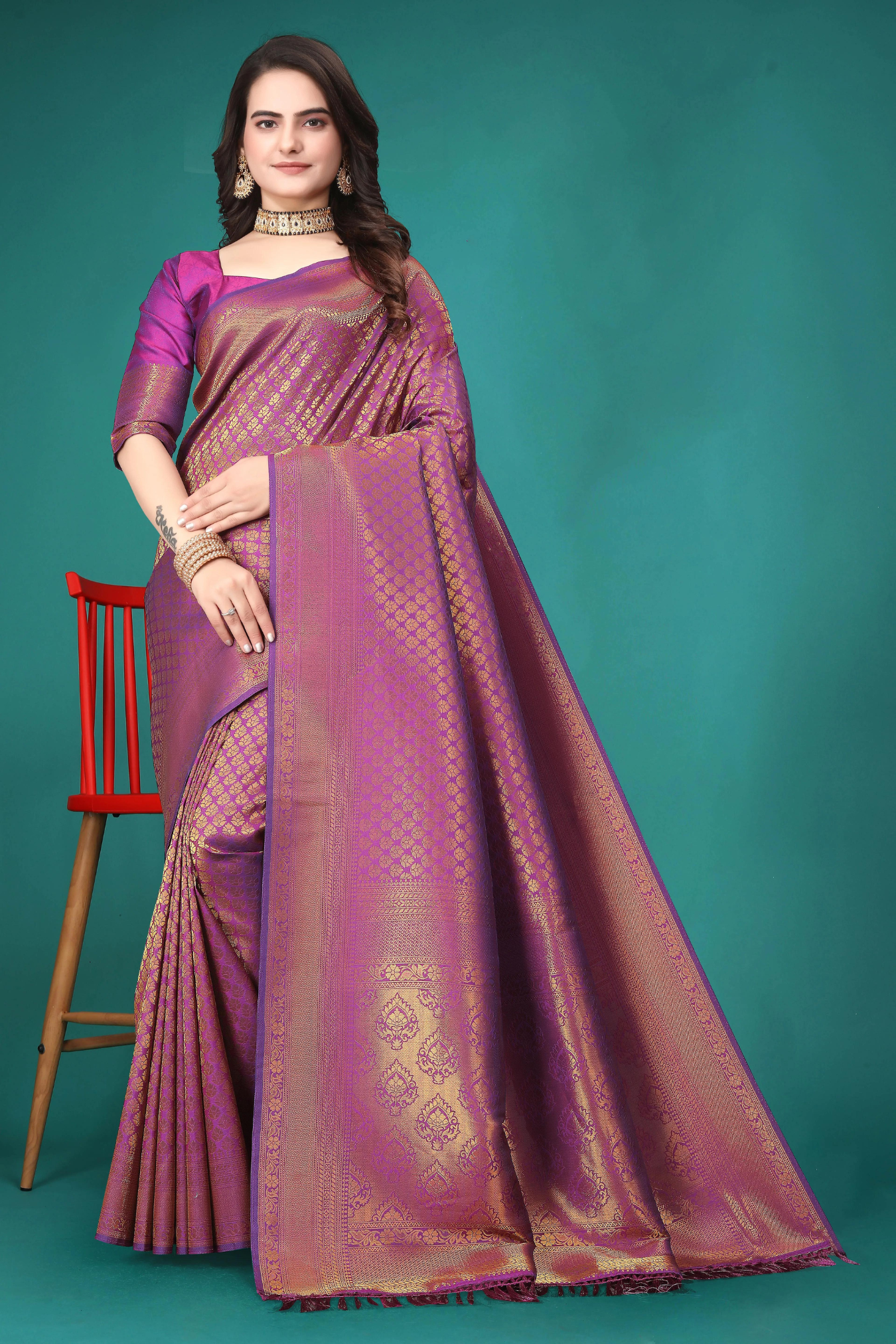 Purple Kanjivaram Silk Saree With Blouse Piece