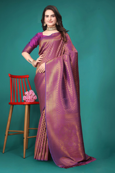 Purple Kanjivaram Silk Saree With Blouse Piece