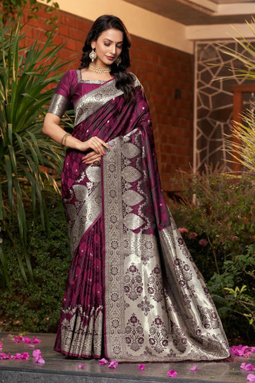 Purple Woven Design Satin Silk Saree With Blouse Piece