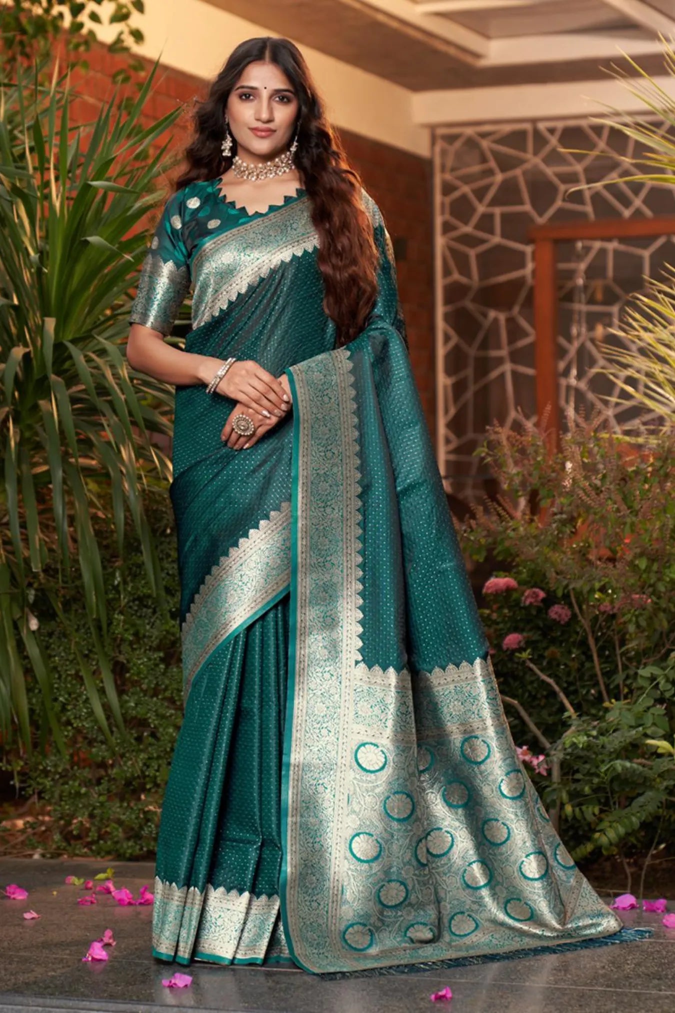 Rama Green Woven Design Satin Silk Saree With Blouse Piece