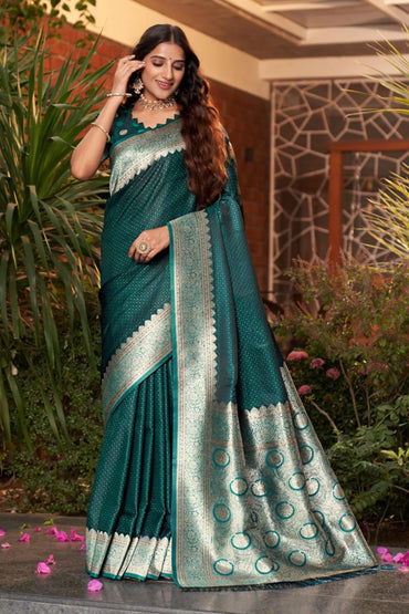 Rama Green Woven Design Satin Silk Saree With Blouse Piece