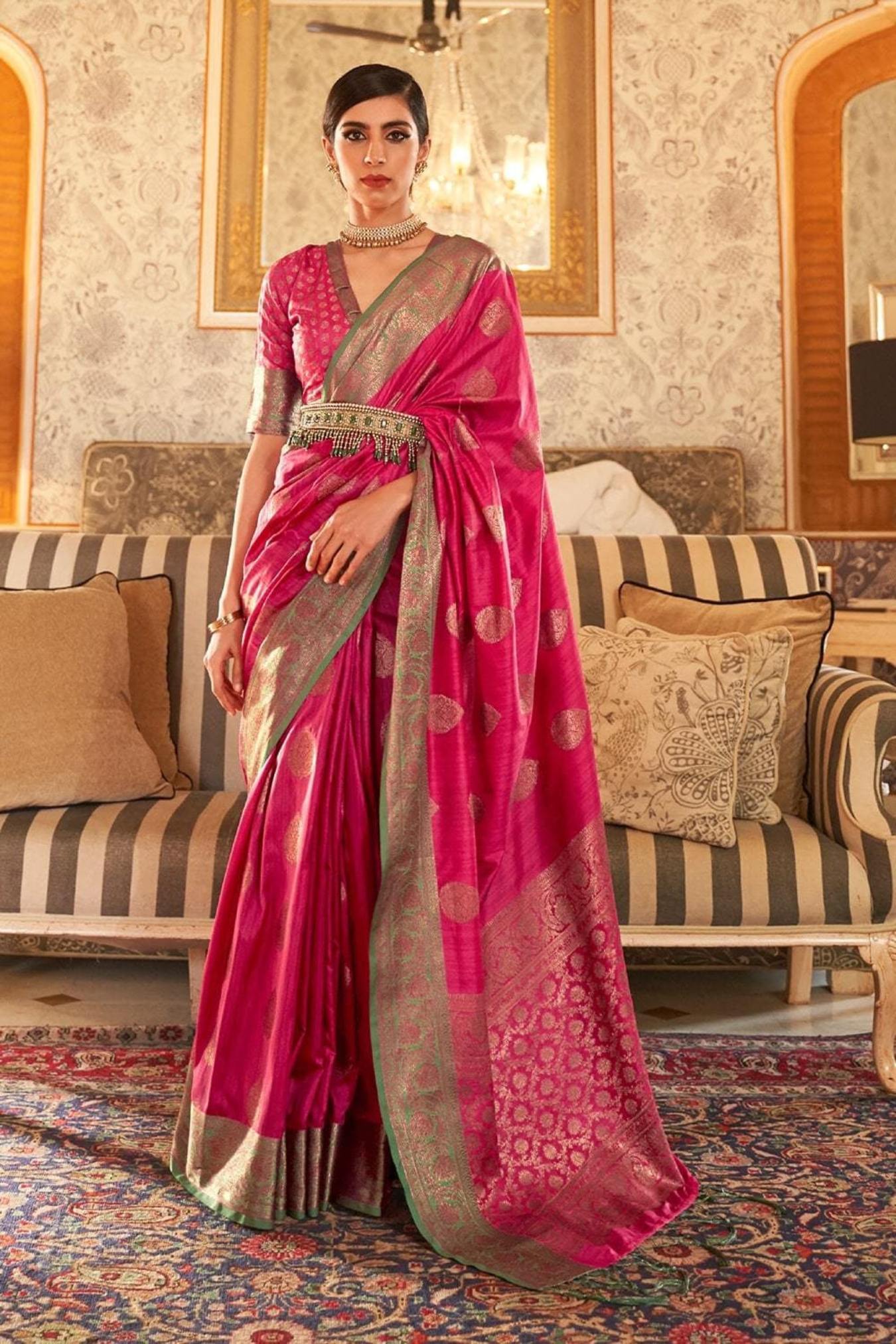 Deep Pink Zari Woven Pure Banarasi Silk Saree With Blouse Piece