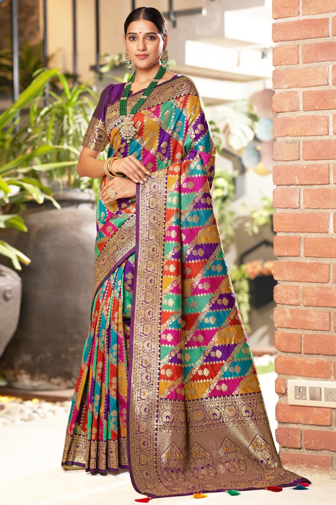 Multicolour Pure Kanjivaram Soft Silk Saree With Blouse Piece