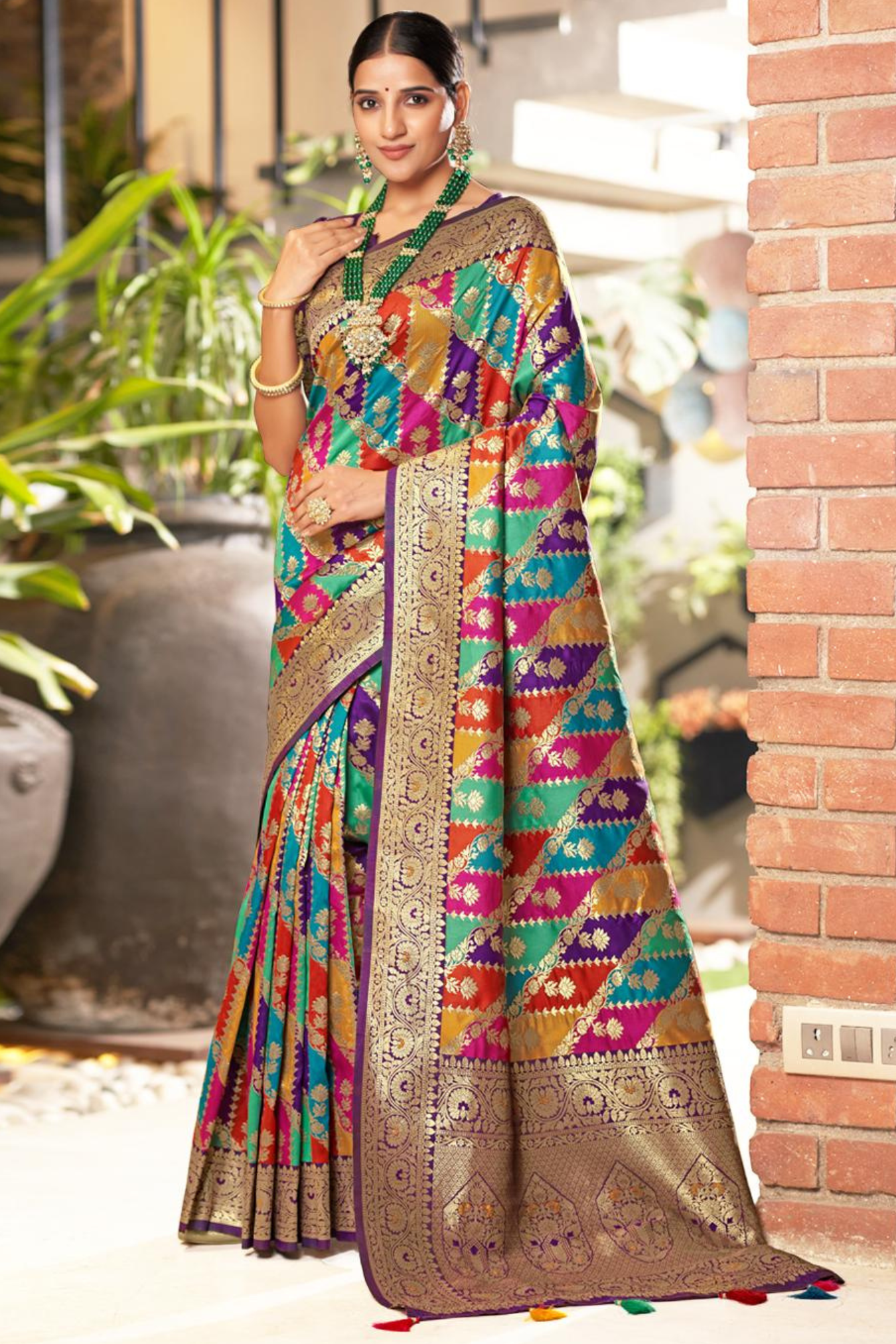 Multicolour Pure Kanjivaram Soft Silk Saree With Blouse Piece