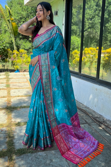 Meenakari Patola Silk Saree with Elaborate Pallu and Matching Blouse Piece