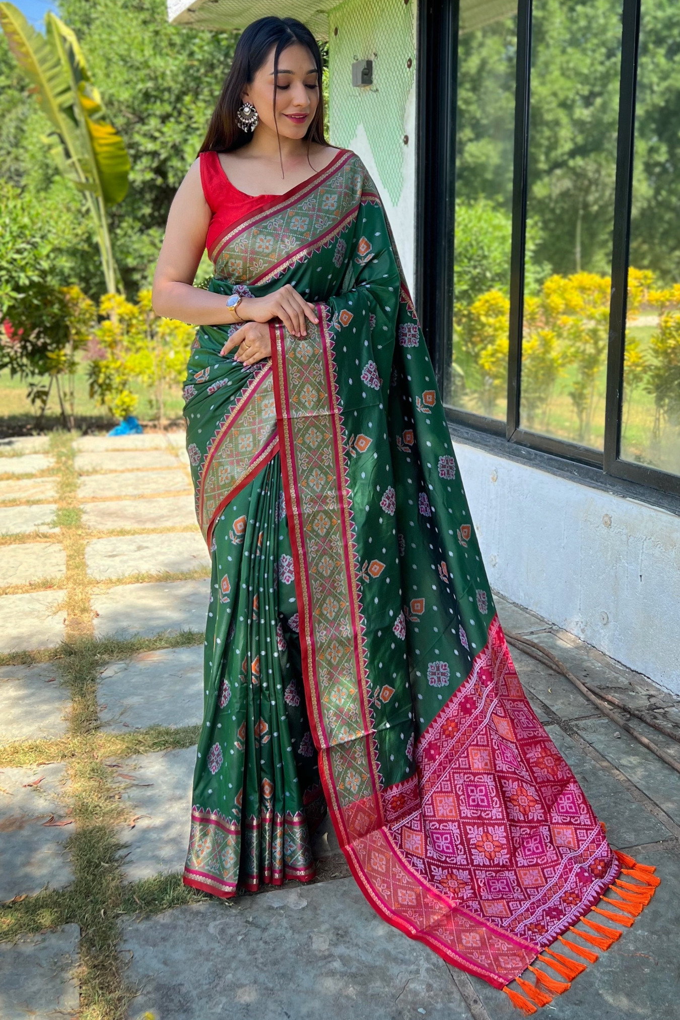 Meenakari Patola Silk Saree with Elaborate Pallu and Matching Blouse Piece