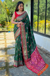 Meenakari Patola Silk Saree with Elaborate Pallu and Matching Blouse Piece