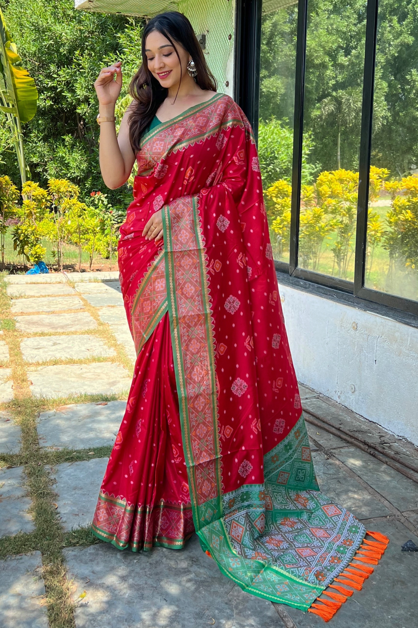 Meenakari Patola Silk Saree with Elaborate Pallu and Matching Blouse Piece