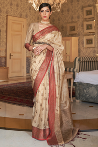 Beige Zari Woven Pure Banarasi Silk Saree And Blouse Piece