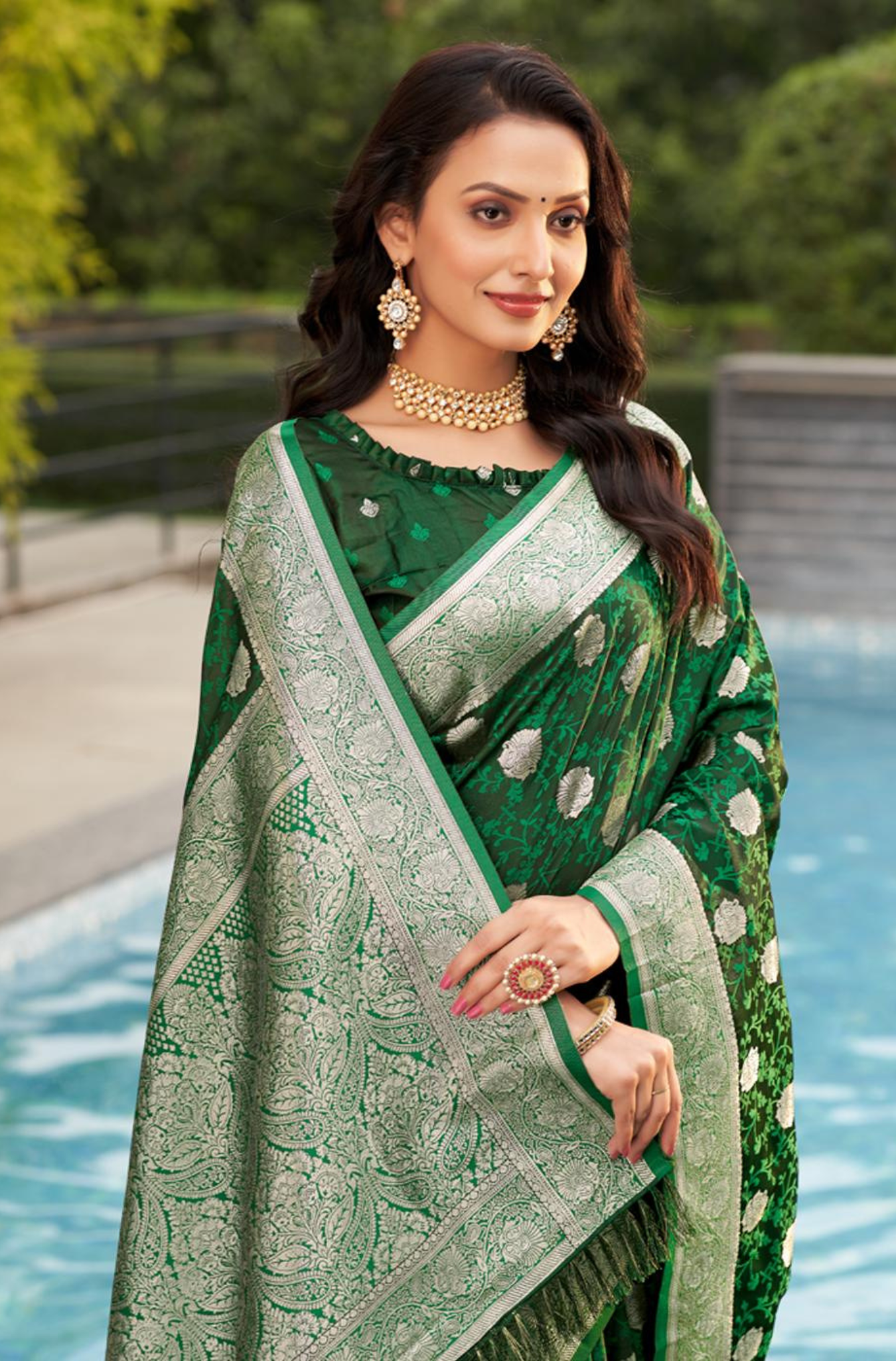 Satin Silk Saree in Green with Woven Design and Blouse Piece