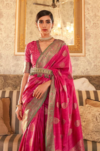 Deep Pink Zari Woven Pure Banarasi Silk Saree With Blouse Piece