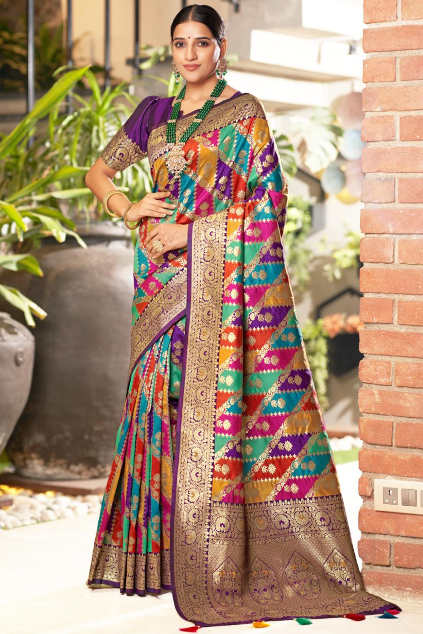 Multicolour Pure Kanjivaram Soft Silk Saree With Blouse Piece