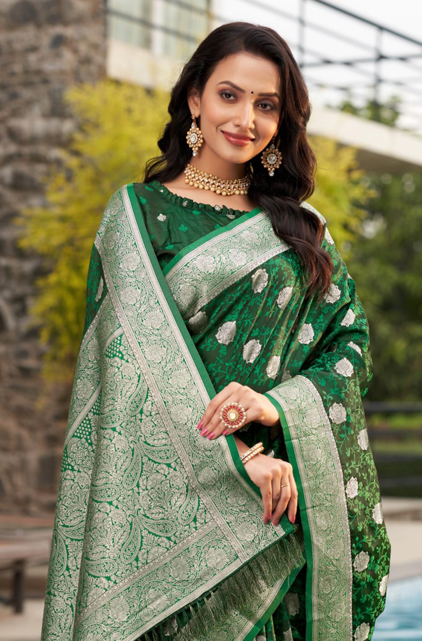 Satin Silk Saree in Green with Woven Design and Blouse Piece