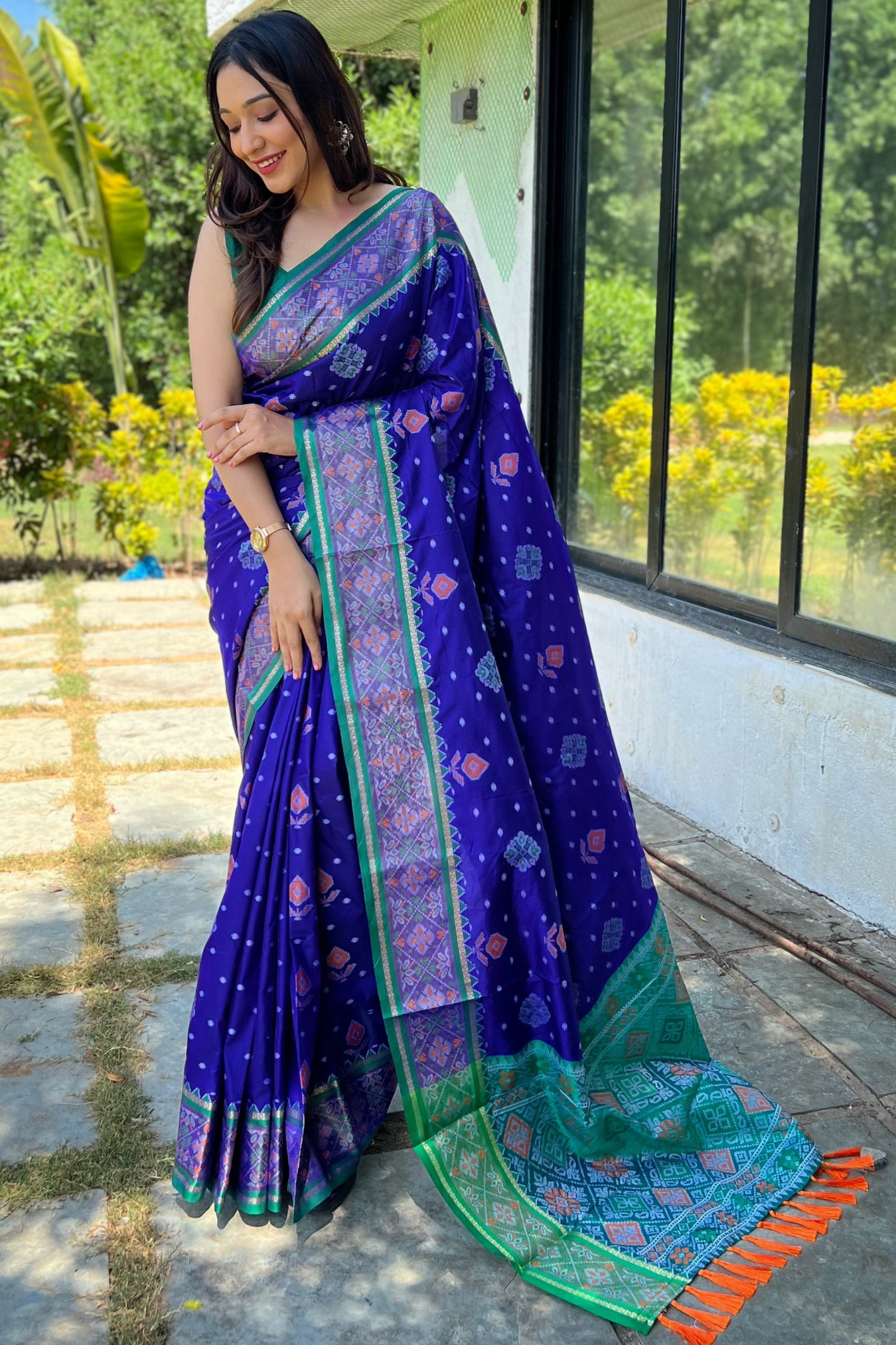 Meenakari Patola Silk Saree with Elaborate Pallu and Matching Blouse Piece