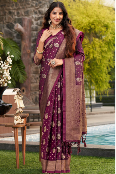 Beet Colour Woven Designer Satin Silk Saree With Blouse Piece