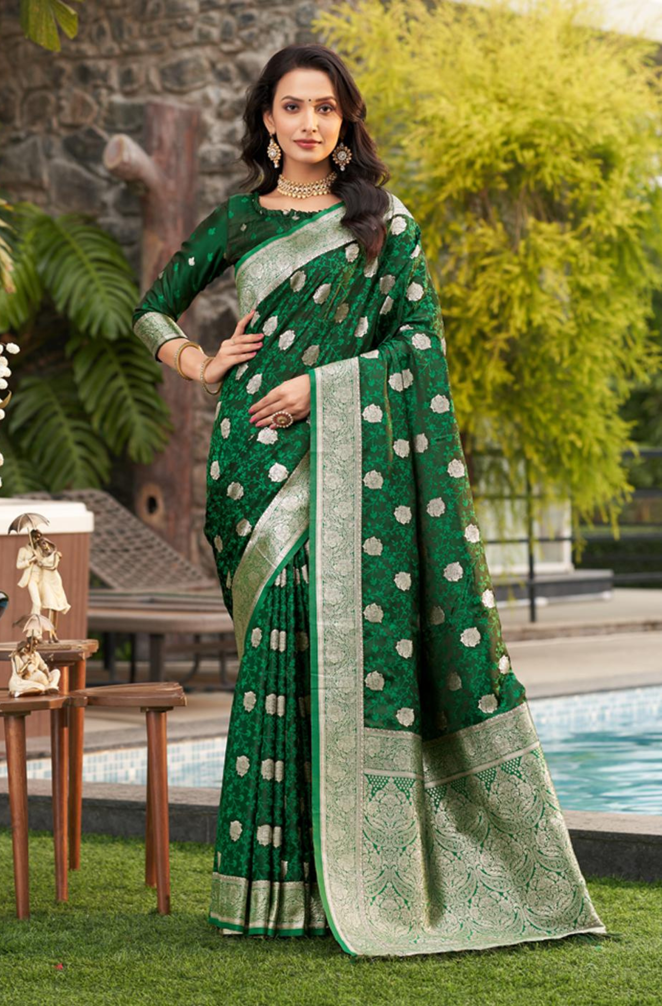 Satin Silk Saree in Green with Woven Design and Blouse Piece