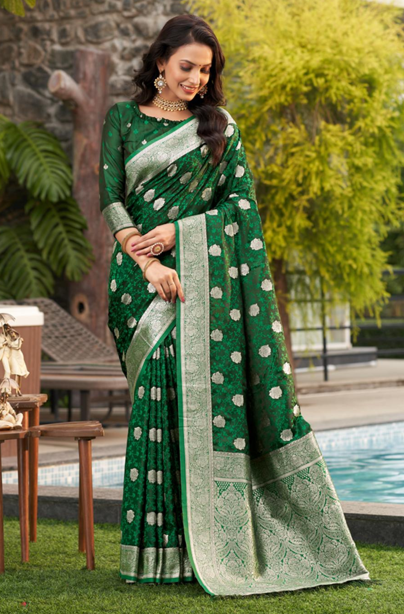 Satin Silk Saree in Green with Woven Design and Blouse Piece