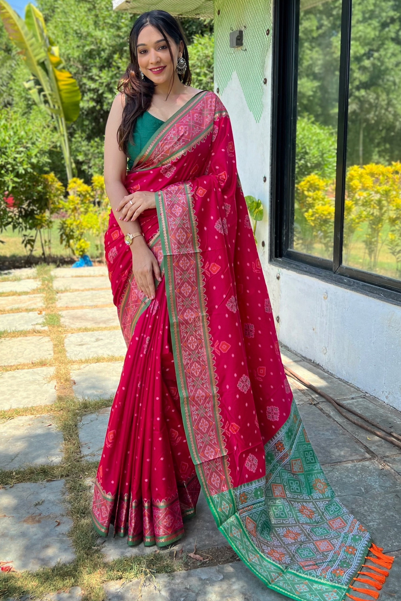 Meenakari Patola Silk Saree with Elaborate Pallu and Matching Blouse Piece