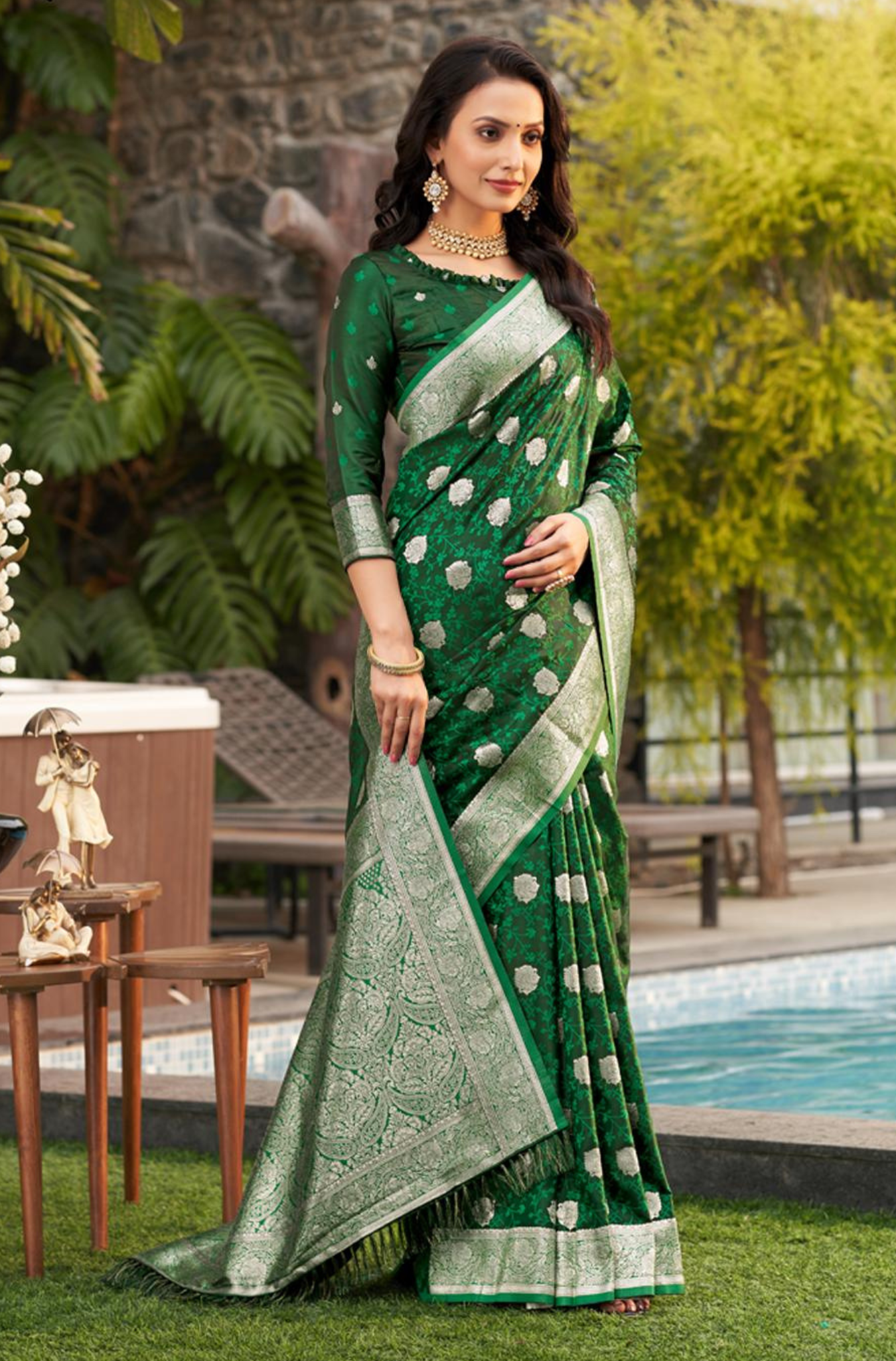 Satin Silk Saree in Green with Woven Design and Blouse Piece