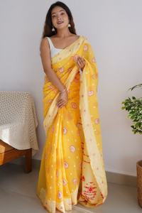 Jacquard Woven Cotton Linen Silk Saree With Blouse Piece