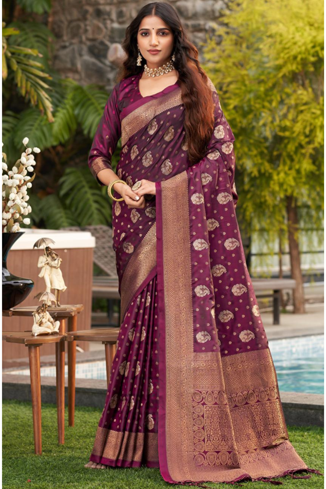 Beet Colour Woven Designer Satin Silk Saree With Blouse Piece