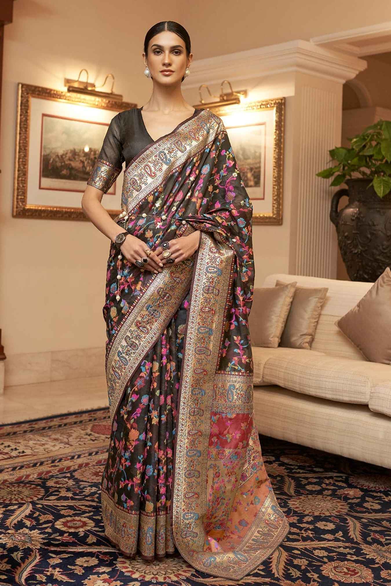 Kashmiri Weaving Silk Saree With Indian Rich Pallu