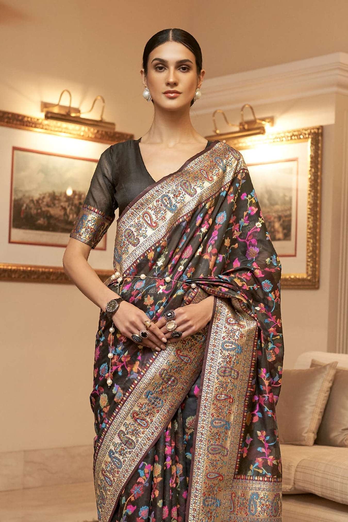 Kashmiri Weaving Silk Saree With Indian Rich Pallu