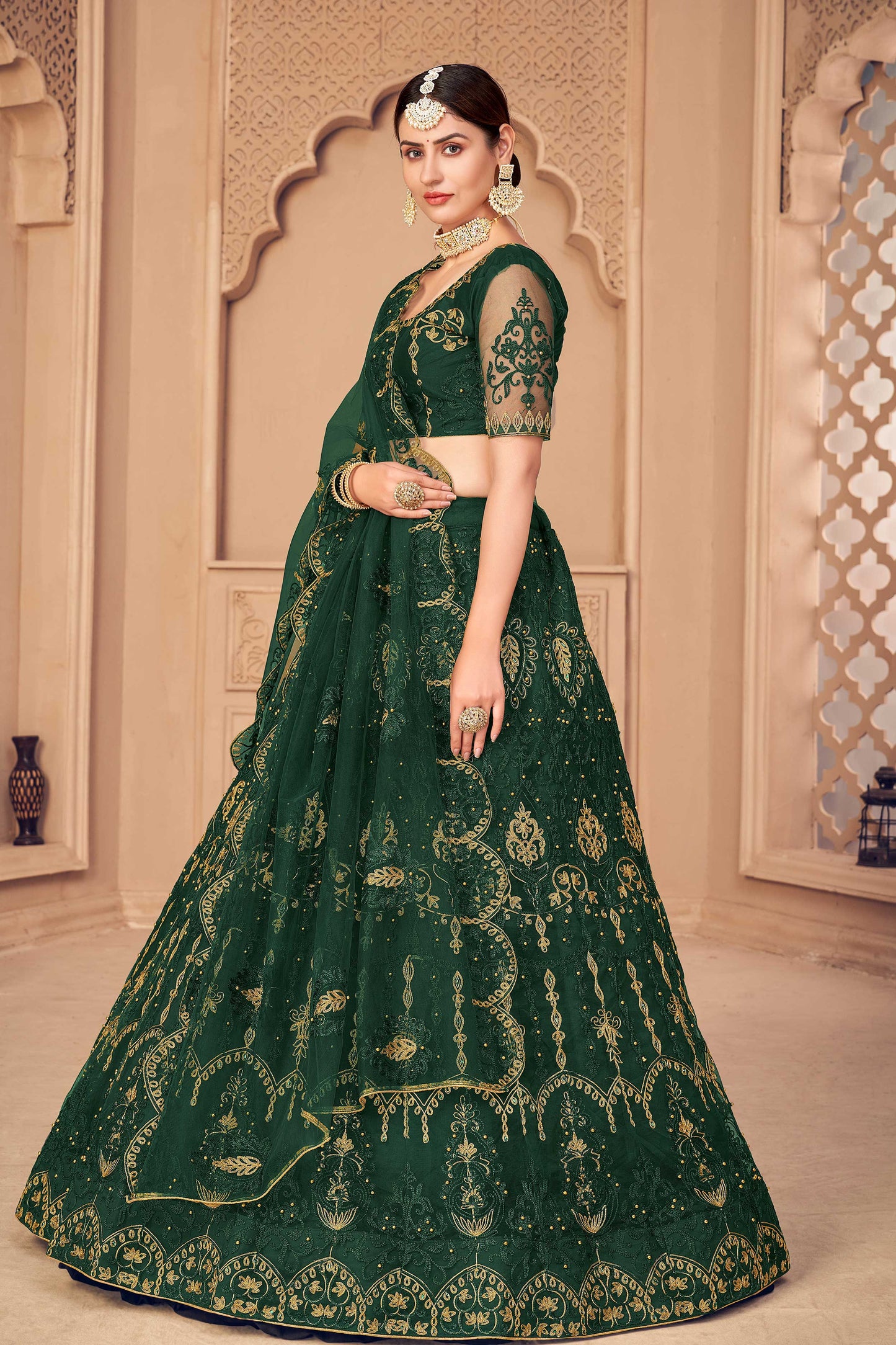 Dark Green Embroidery Lehenga With Thread Wrok For Women