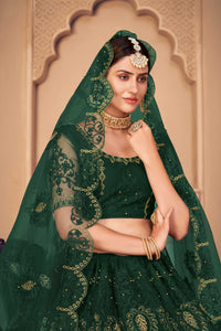 Dark Green Embroidery Lehenga With Thread Wrok For Women