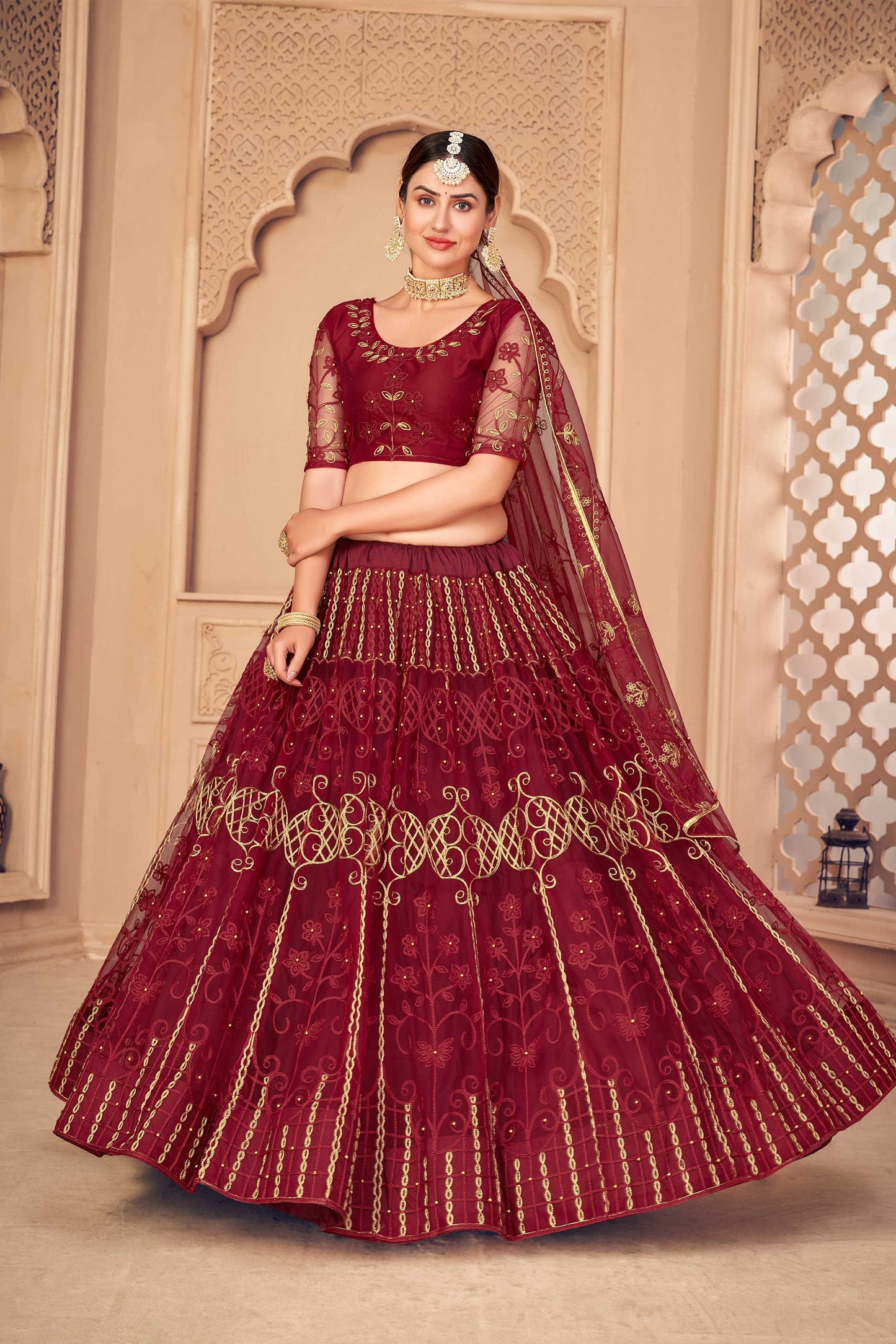 Floral Embroidered Flared Lehenga Choli Set with Dupatta