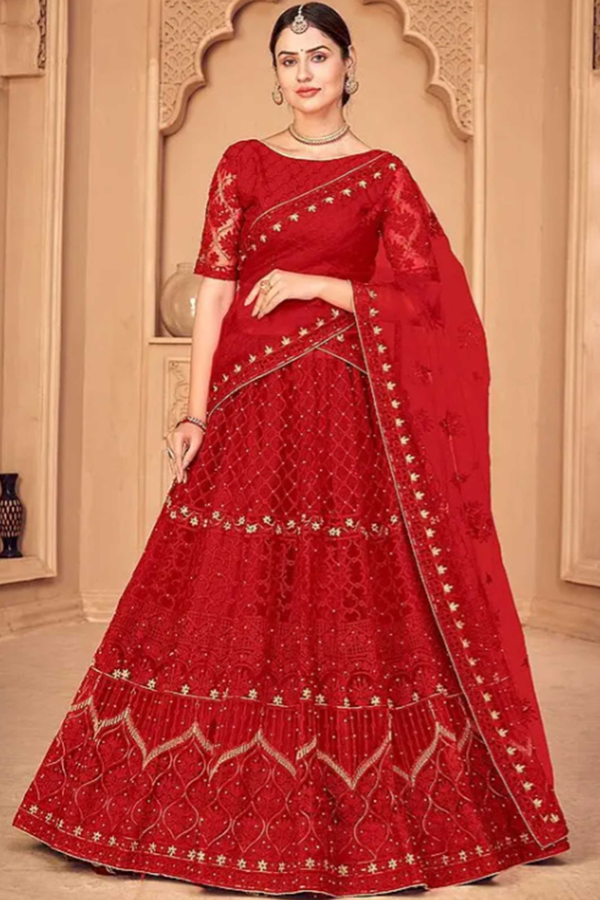 True-Red A-Line Net Lehenga Choli with All-Over Beautiful Thread-Pearl Embroidery and Matching Dupatta