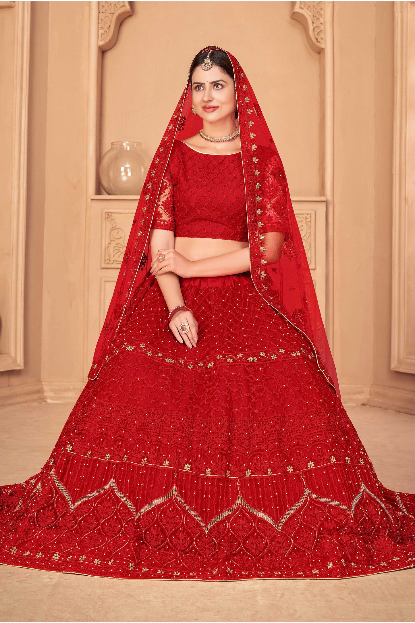 True-Red A-Line Net Lehenga Choli with All-Over Beautiful Thread-Pearl Embroidery and Matching Dupatta