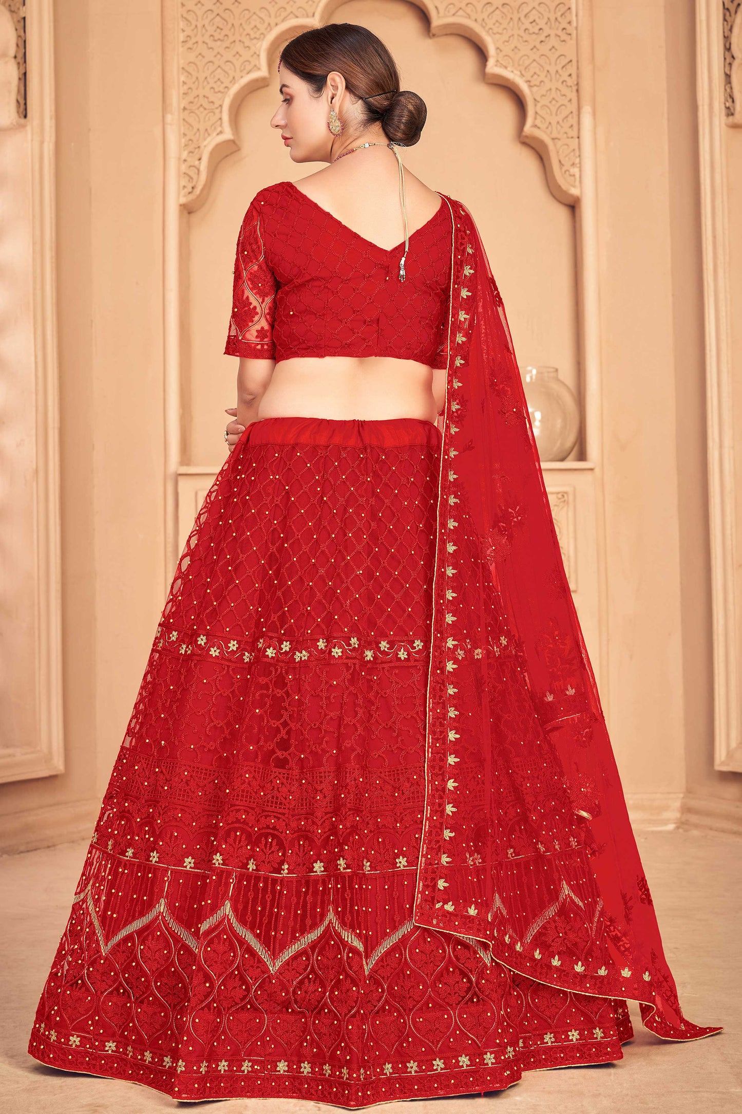 True-Red A-Line Net Lehenga Choli with All-Over Beautiful Thread-Pearl Embroidery and Matching Dupatta