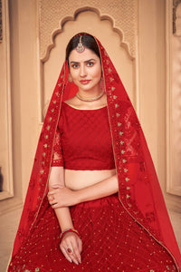 True-Red A-Line Net Lehenga Choli with All-Over Beautiful Thread-Pearl Embroidery and Matching Dupatta