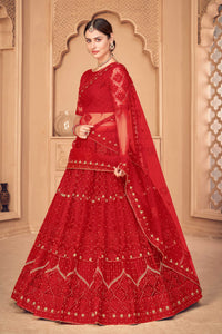 True-Red A-Line Net Lehenga Choli with All-Over Beautiful Thread-Pearl Embroidery and Matching Dupatta